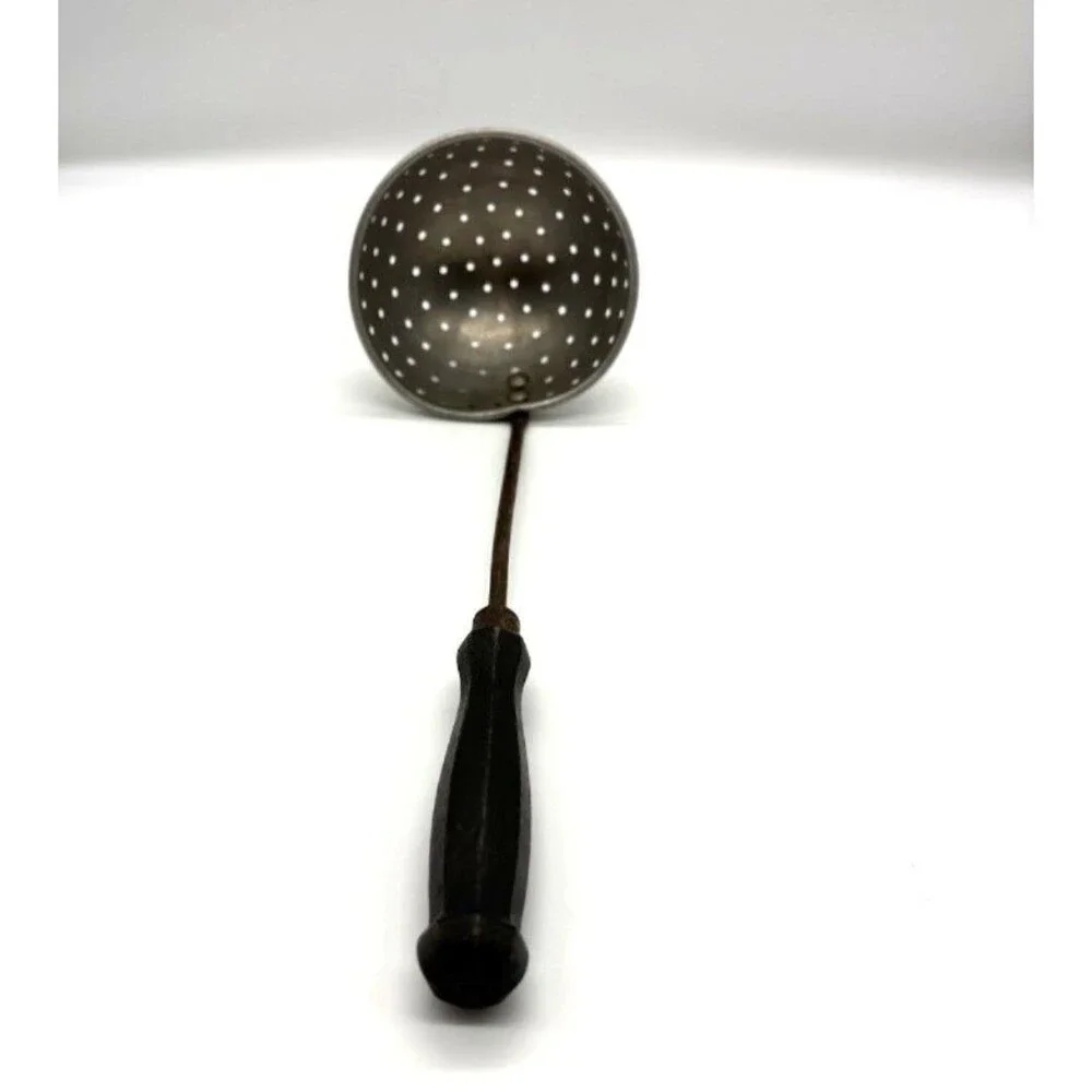 Antique Tin Kitchen Skimmer Strainer Black Wood Handle 13